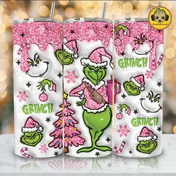 Pink Grinch Christmas tumbler, 20oz Skinny